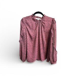 LOFT Pink Polka Dot Ruffle Neck Blouse